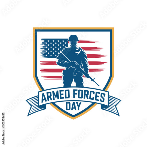 Armed Forces Day logo with American flag and soldier silhouette