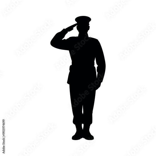 A silhouette of a soldier saluting in a formal military uniform.
