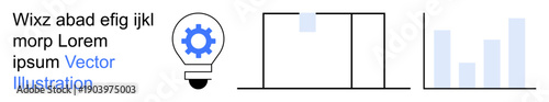 Business innovation, analytics, workflow design, technology integration, data , creativity. A light bulb with a gear, a workflow diagram and a bar graph. Innovation and analytics concept