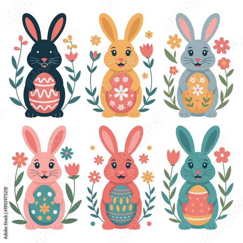 A colorful Easter illustration featuring cartoon bunnies and flowers