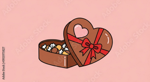 Chocolate heart box with red ribbon and assorted sweets inside