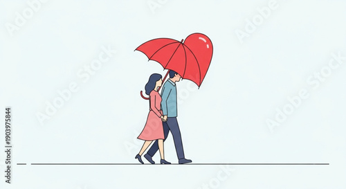 Couple walking together under heart shaped red umbrella on a romantic date