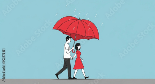 Couple walking together under red umbrella on rainy day