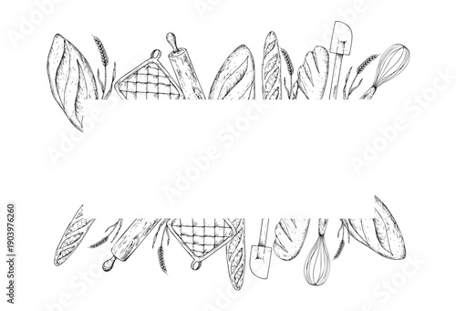 Vector frame, template with bakery. Graphic ink, loaf food, ear of wheat, whole grain, slice of bread, ciabatta, baguette. Bun illustration isolated on background. Hand drawn line sketch. For