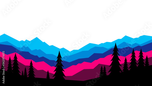 Modern neo-minimalist mountain landscape. Vibrant blue and pink layered peaks for social media backgrounds and travel apps.