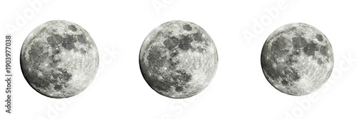 Set of realistic full moon phases with craters and surface detail isolated on white background cutout