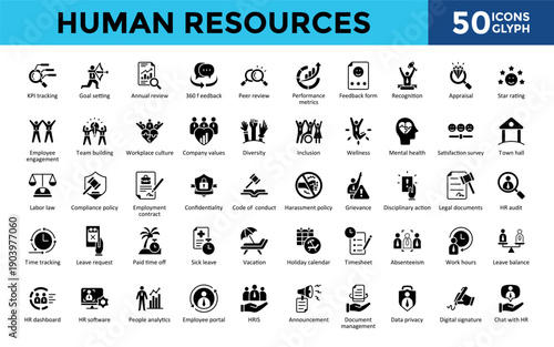 Human Resources icons set with kpi tracking, goal setting, annual review, 360 feedback, peer review, performance metrics, feedback form, recognition icon. Simple glyph vector 
