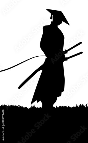 Minimal ninja warrior running silhouette vector, traditional ninja mask and outfit, katana in right hand, strong forward motion pose, black on white, clean graphic design style