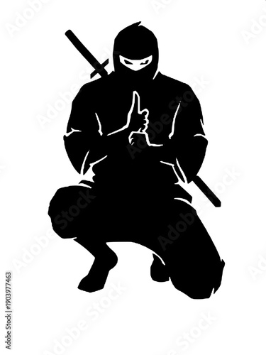 Minimal ninja warrior running silhouette vector, traditional ninja mask and outfit, katana in right hand, strong forward motion pose, black on white, clean graphic design style
