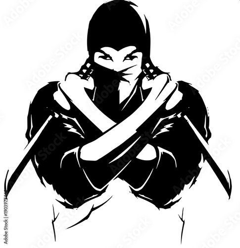 Minimal ninja warrior running silhouette vector, traditional ninja mask and outfit, katana in right hand, strong forward motion pose, black on white, clean graphic design style