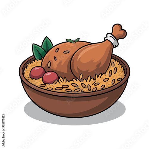 A cartoon illustration of a chicken leg in a bowl of rice