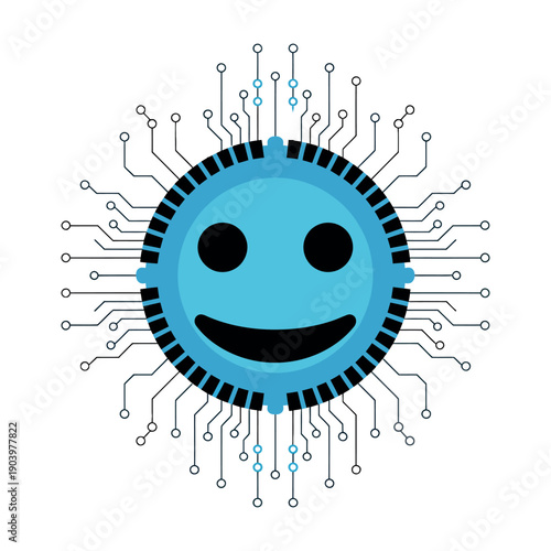A smiling blue microchip with circuit board connections