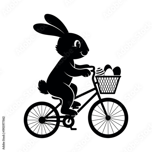 A cartoon rabbit riding a bicycle with eggs