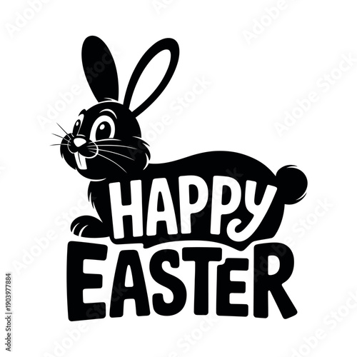A black and white Easter bunny graphic with Happy Easter text