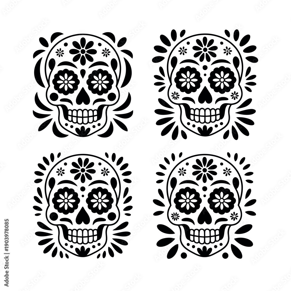 Fototapeta premium A set of four black and white sugar skulls with floral designs on a white background