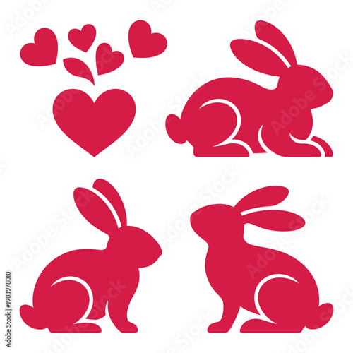 A set of pink bunny silhouettes with hearts