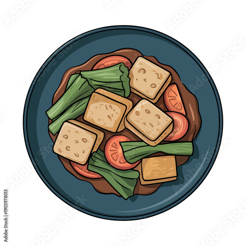 A plate of tofu and vegetables on a table