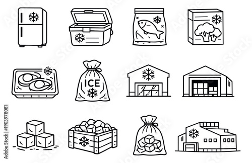 Hand drawn refrigeration icon set featuring fridge, cooler, frozen food, and ice for food preservation