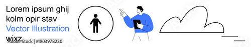 Business communication, teamwork, user profile, data analysis, conceptual development, web services. Man pointing to user icon and cloud graphic. Business communication and teamwork concept
