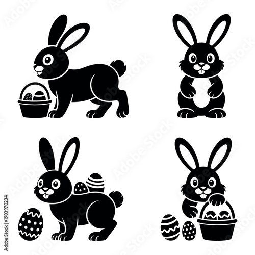 Black and white Easter bunny illustrations with eggs