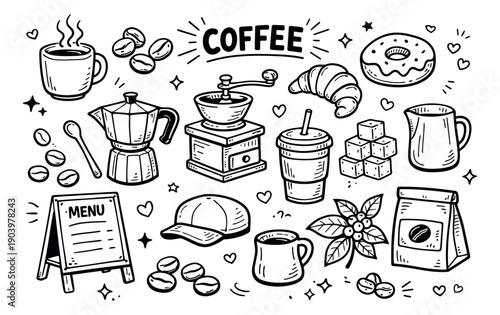 Hand drawn line art coffee elements set featuring cups, beans, pots, and breakfast items for cafe menus and morning drinks