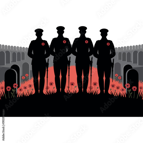 Silhouettes of soldiers standing in a cemetery
