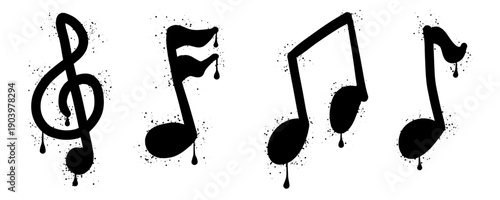 Musical note graffiti with black spray paint splatter