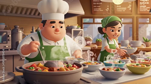 Wallpaper Mural Cartoon chefs cooking and serving food in a busy kitchen Torontodigital.ca