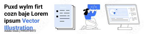 Software development, digital work, data analysis, workflow management, programming education, technology tools. A coder, a document and a data visualization screen. Software development and digital