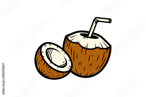 A vector illustration of a coconut with a straw and a halved coconut on a white background