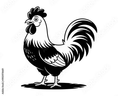 A black and white vector illustration of a rooster standing proudly with a bold design