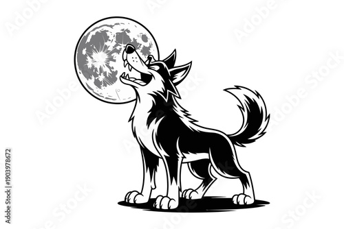 A black and white illustration of a wolf howling at the full moon in a minimalist style