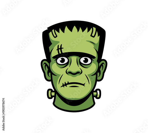 A cartoon illustration of Frankenstein's monster head in a green color with a flat design style