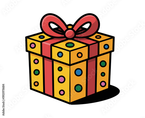 A colorful cartoon illustration of a gift box with a red bow and polka dots on a white background