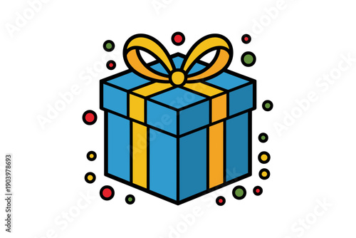 A colorful illustration of a gift box with a yellow ribbon and bow, surrounded by festive confetti
