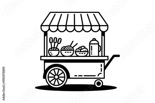 A minimalist vector illustration of a food cart with a striped awning and various dishes on display