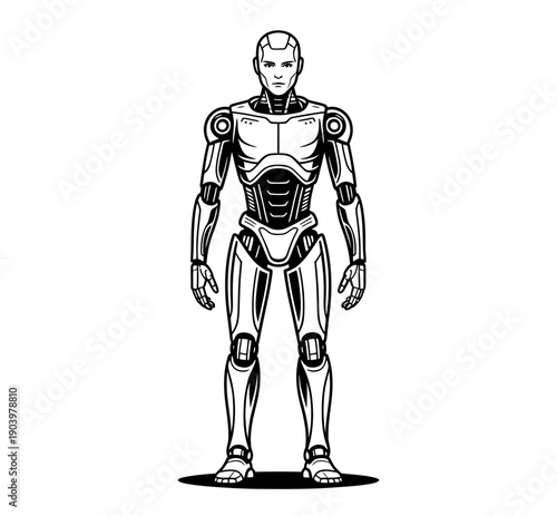 A futuristic robot standing in a neutral pose with a sleek and modern design