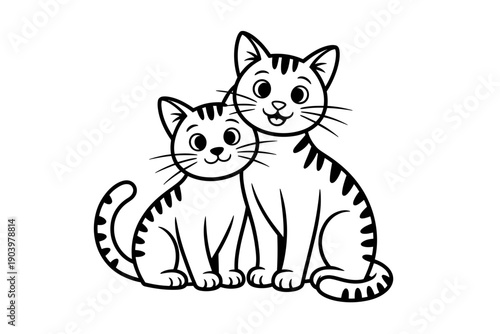 A cute illustration of two tabby cats sitting together in a black and white vector graphic design