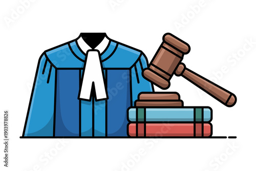 A vector graphic illustration of a judge's gavel and books next to a blue robe with a white necktie