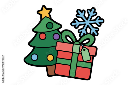 A colorful Christmas tree and gift box illustration with a snowflake