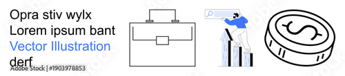 Business planning, career growth, financial trends, corporate operations, wealth management, market analysis. Briefcase, dollar coin person climbing a chart. Business growth and financial trends
