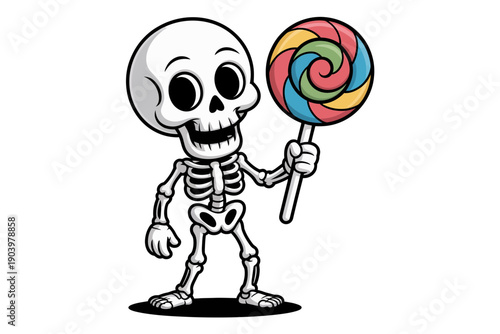 A cartoon skeleton character holding a colorful lollipop in a fun and playful illustration
