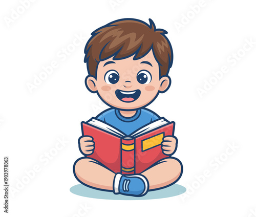 A happy cartoon boy sitting cross-legged and reading a red book with a big smile on his face
