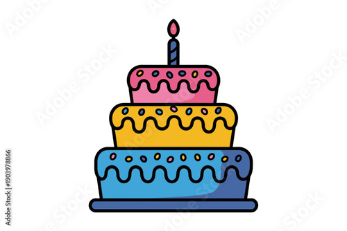 A colorful cartoon illustration of a three-tiered birthday cake with a lit candle on top, designed in a flat and minimalist style.