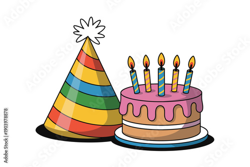 A colorful illustration of a birthday party with a cake and party hat