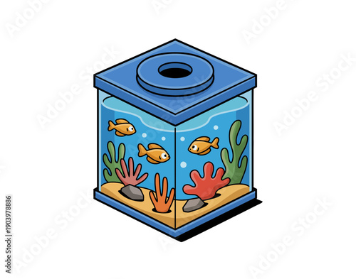 A colorful vector illustration of a small fish tank with fish and coral