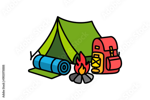 A colorful vector illustration of a camping scene with a green tent, red backpack, and campfire