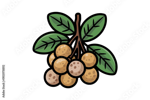 A colorful illustration of a cluster of yellow berries with green leaves on a brown stem