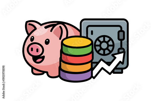 A cartoon piggy bank with a stack of coins and a safe in the background, symbolizing saving and financial growth.