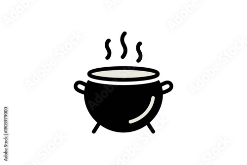 A minimalist black cauldron icon with steam rising from it, set against a clean white background.